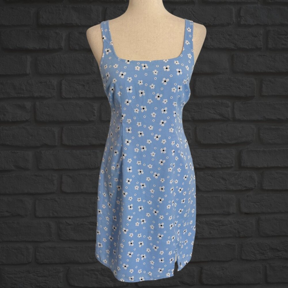 Hollister Sleeveless Dress Retro Floral 90's Style Blue White Square Neck Size S